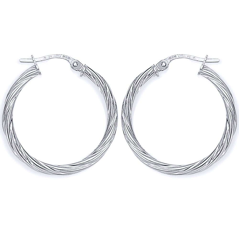 Ladies 9ct White Gold  Rock Candy Twisted Hoop Earrings - 22mm - ERNR02818