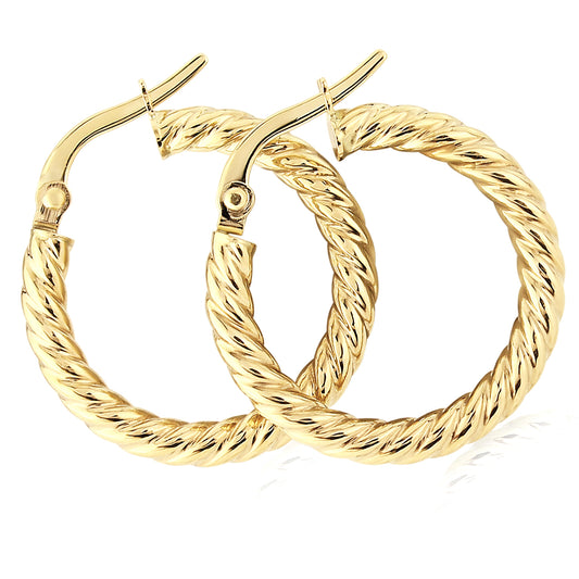 Ladies 9ct Gold  Rope Twisted Round Hoop Earrings - 15mm - ERNR02845
