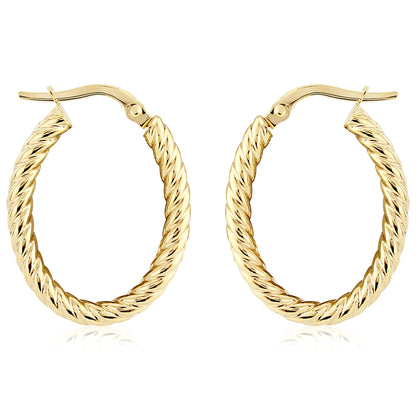 Ladies 9ct Gold  Oval Twist Rope Hoop Earrings - 15x20mm - ERNR02846