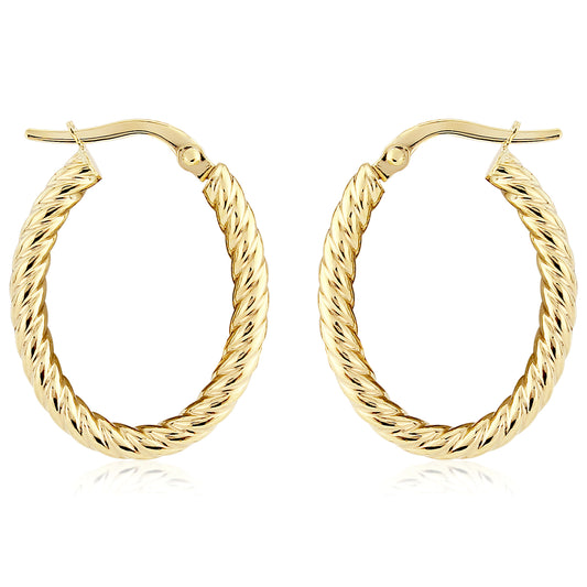 Ladies 9ct Gold  Oval Twist Rope Hoop Earrings - 15x20mm - ERNR02846