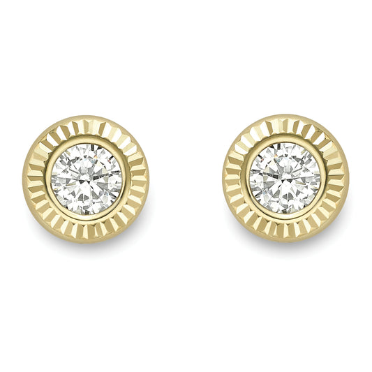 9ct Gold  CZ Fluted Watch Bezel Solitaire Stud Earrings 5mm - SENR02255