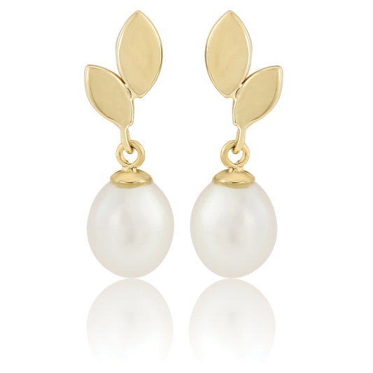 Ladies 9ct Gold  Leaf Cultured Oval Pearl Drop Earrings 7mm - SENR02560