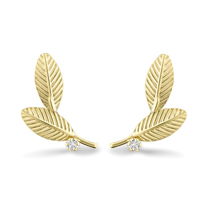 9ct Gold  CZ Nana Mint Leaf Feather Stud Earrings - SENR02879