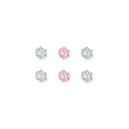 Ladies 9ct Gold  3mm CZ Stud Earrings - 3 Pairs - White Pink Lilac - SENR02917