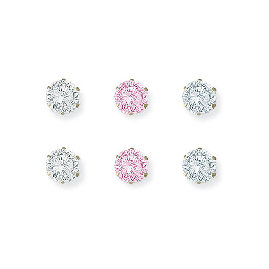 Ladies 9ct Gold  5mm CZ Stud Earrings - 3 Pairs - White Pink Lilac - SENR02918