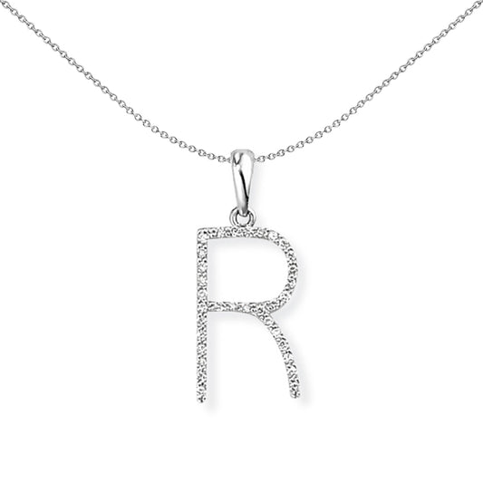 18ct White Gold  Diamond Initial Charm Pendant Letter R 8x20mm - INNR027-R