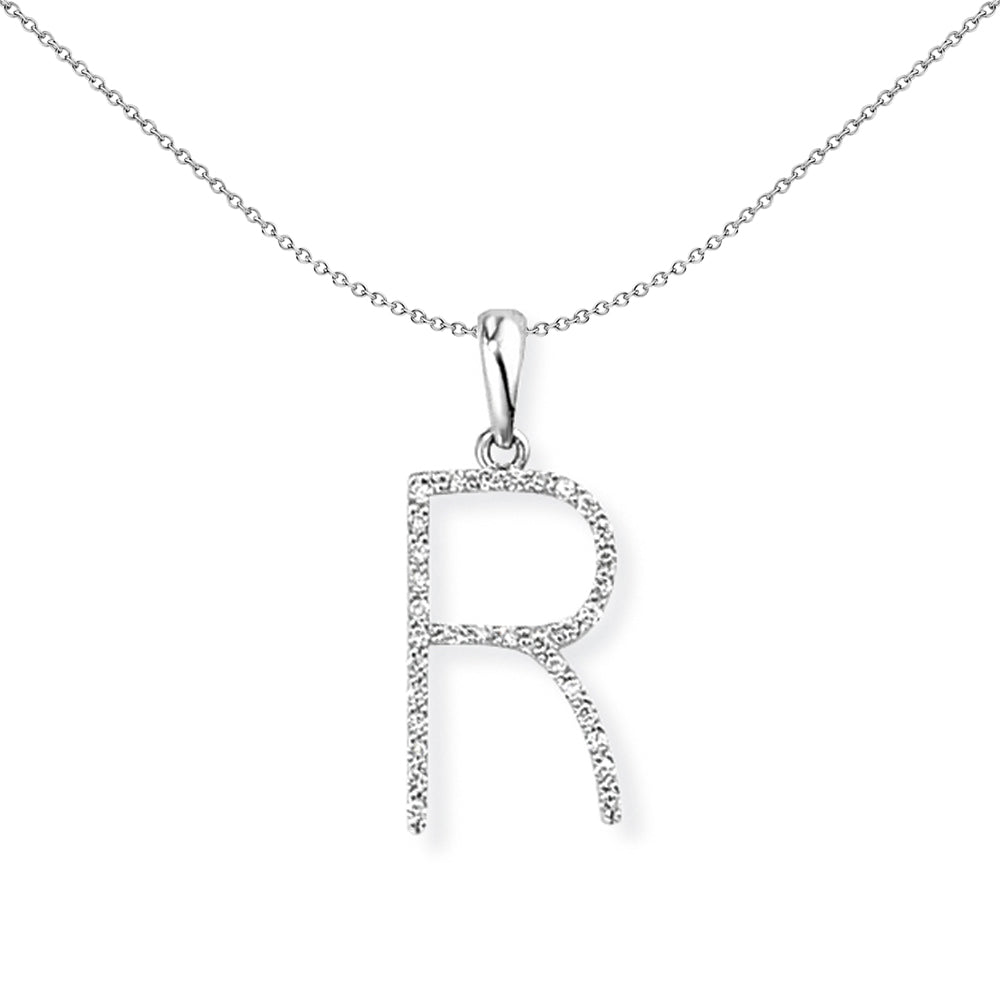 18ct White Gold  Diamond Initial Charm Pendant Letter R 8x20mm - INNR027-R