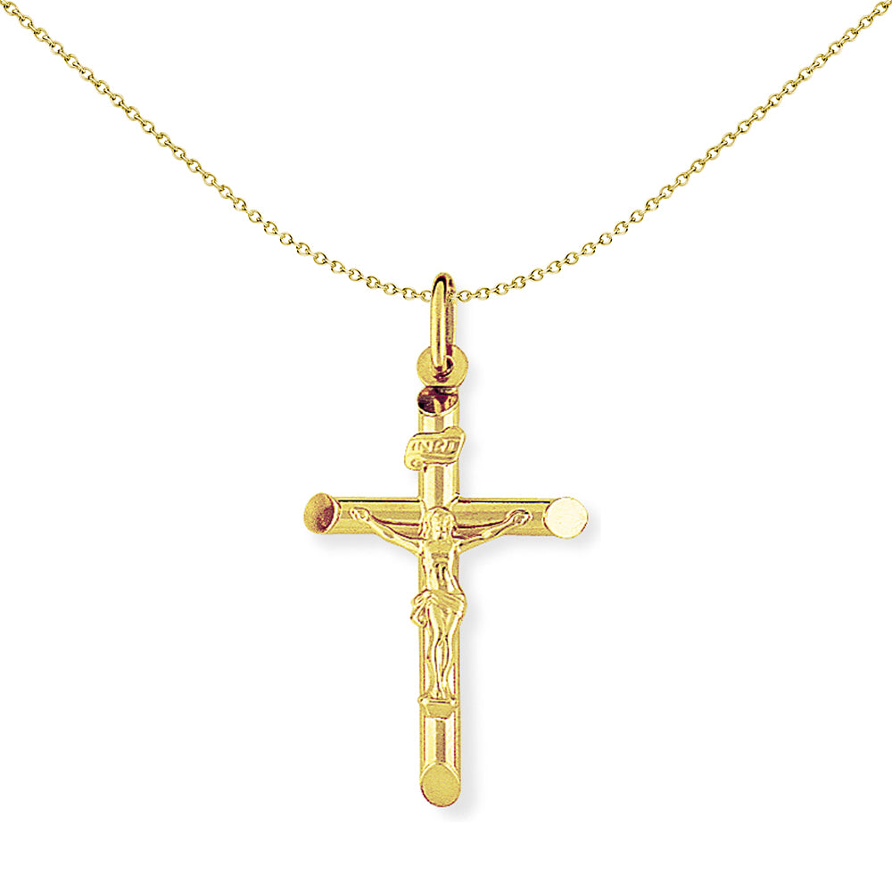 9ct Gold  Crucifix INRI Inscribed Jesus Cross Charm Pendant - 35mm - CRNR02002