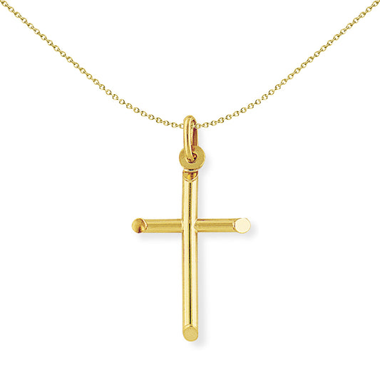 9ct Gold  Round Tube Bevelled Cross Charm Pendant 18x34mm - CRNR02010