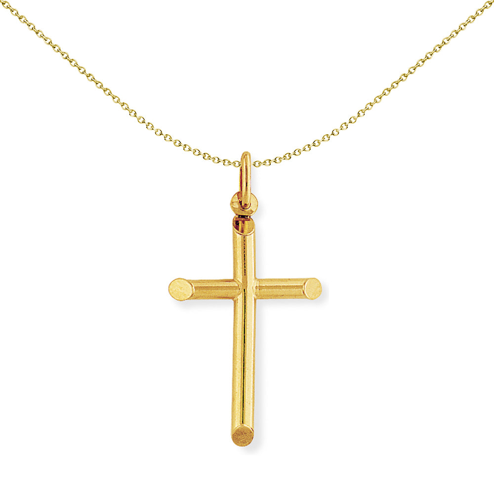 9ct Gold  Round Tube Bevelled Cross Charm Pendant 22x41mm - CRNR02011