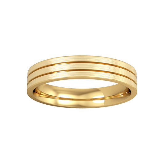 18ct Gold  4mm Flat-Court Striped with Satin Wedding Ring - RBNR02441J2