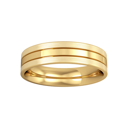 9ct Gold  5mm Flat-Court Striped with Satin Wedding Ring - RNR02442J2