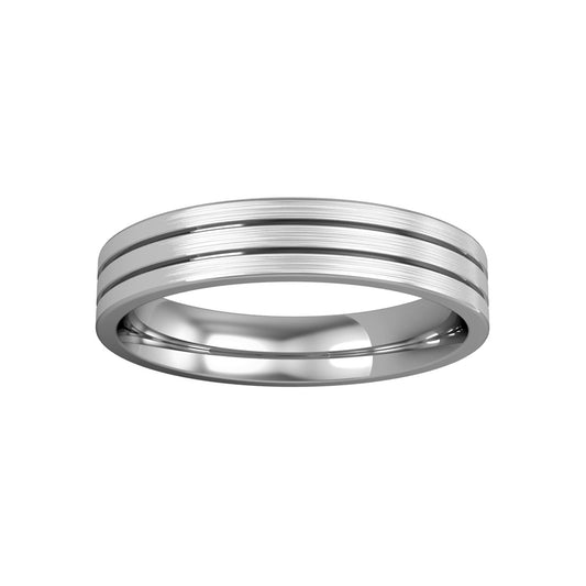 Platinum  4mm Flat-Court Striped Satined Edges Wedding Band Ring - RLNR02541J2