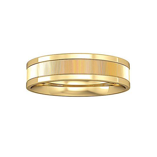 18ct Gold  Flat-Court Horizontal Rib Cut Band Wedding Ring 5mm - RNR0245E093