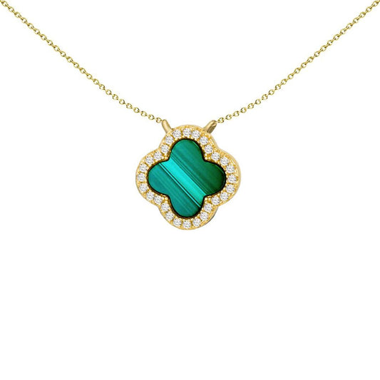 Silver  Green Malachite CZ 4 Leaf Clover Halo Charm Necklace - 8-12-0190