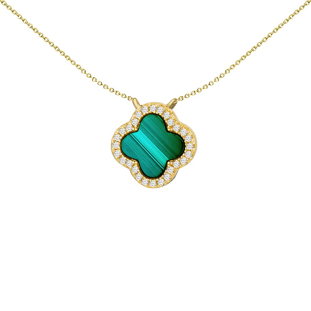 Silver  Green Malachite CZ 4 Leaf Clover Halo Charm Necklace - 8-12-0190