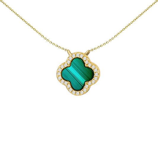 Silver  Green Malachite CZ 4 Leaf Clover Halo Charm Necklace - 8-12-0190
