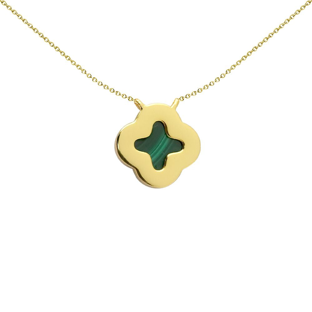 Silver  Green Malachite CZ 4 Leaf Clover Halo Charm Necklace - 8-12-0190
