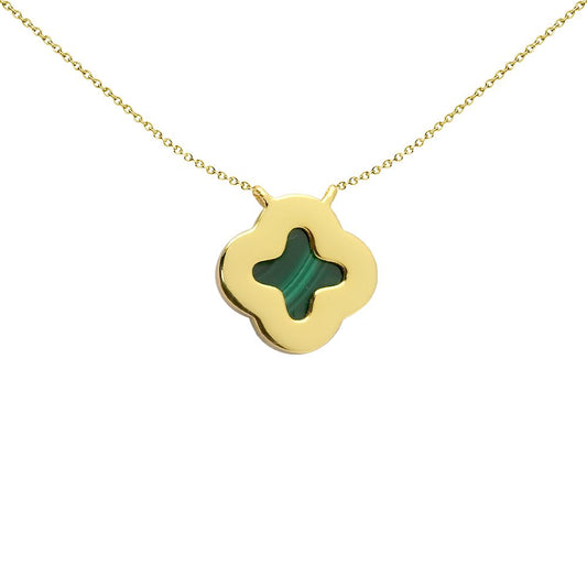 Silver  Green Malachite CZ 4 Leaf Clover Halo Charm Necklace - 8-12-0190