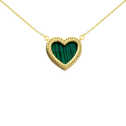 Silver  Green Malachite CZ Love Heart Halo Charm Necklace - 8-13-7830