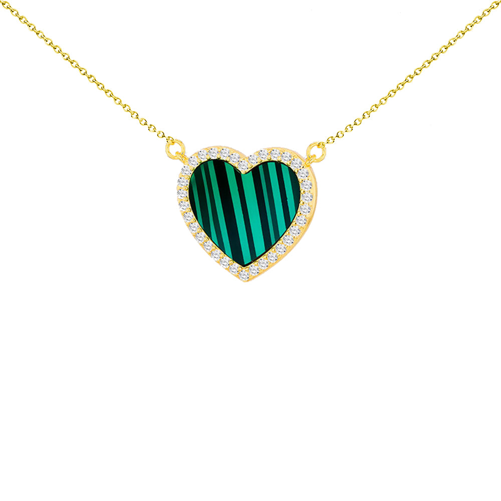 Silver  Green Malachite CZ Love Heart Halo Charm Necklace - 8-13-7830