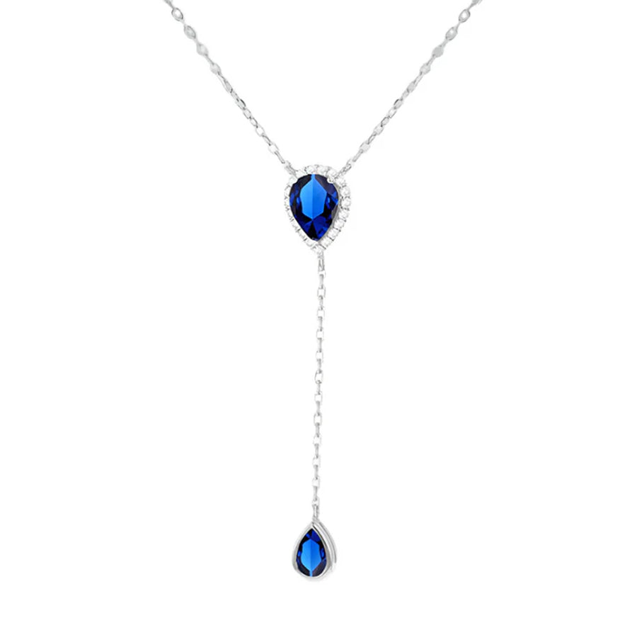 Silver  Blue Pear CZ Tears of Joy Adjustable Lariat Y Necklace - 8-13-8220