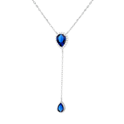 Silver  Blue Pear CZ Tears of Joy Adjustable Lariat Y Necklace - 8-13-8220