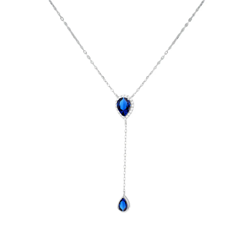 Silver  Blue Pear CZ Tears of Joy Adjustable Lariat Y Necklace - 8-13-8220