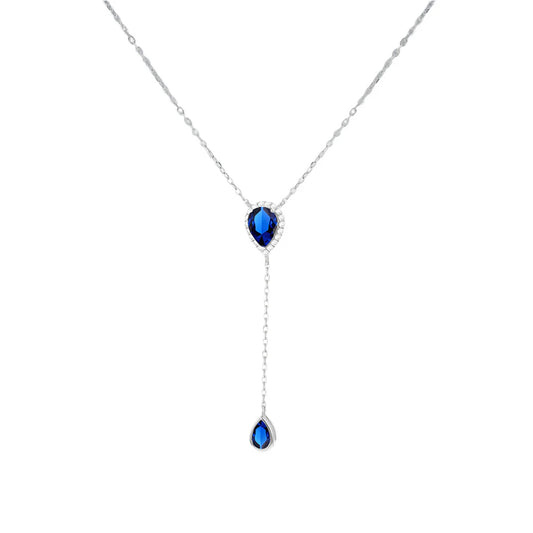 Silver  Blue Pear CZ Tears of Joy Adjustable Lariat Y Necklace - 8-13-8220