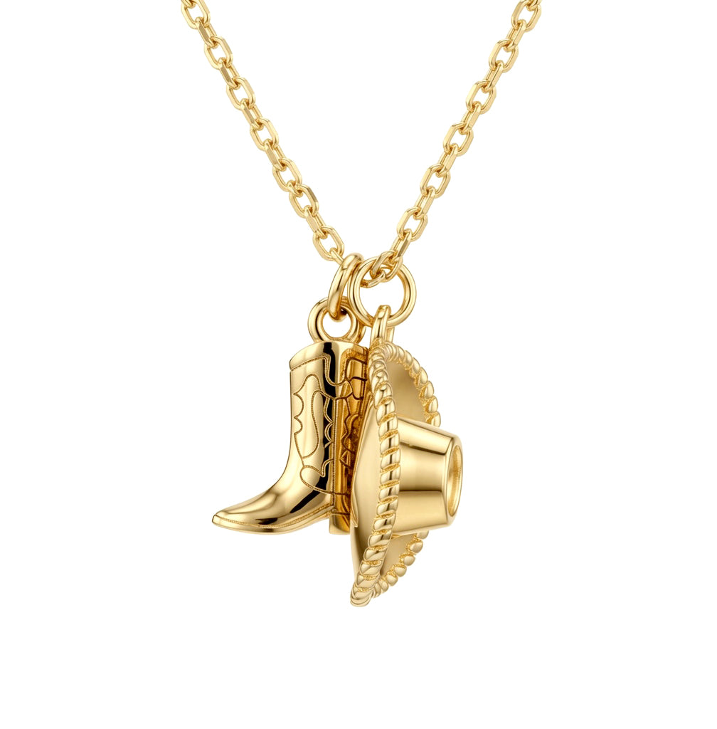 Gold-plated Silver  Cowboy Cowgirl Hat & Boots Pendant Necklace - 8-13-8280