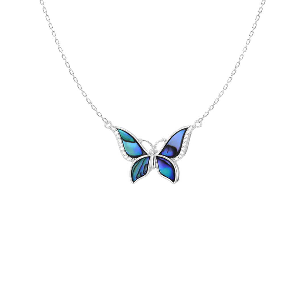 Silver  Pāua Shell CZ Butterfly Charm Adjustable Lavalier Necklace - 8-13-8350