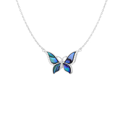 Silver  Pāua Shell CZ Butterfly Charm Adjustable Lavalier Necklace - 8-13-8350