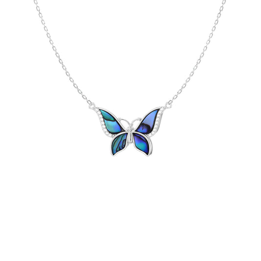 Silver  Pāua Shell CZ Butterfly Charm Adjustable Lavalier Necklace - 8-13-8350