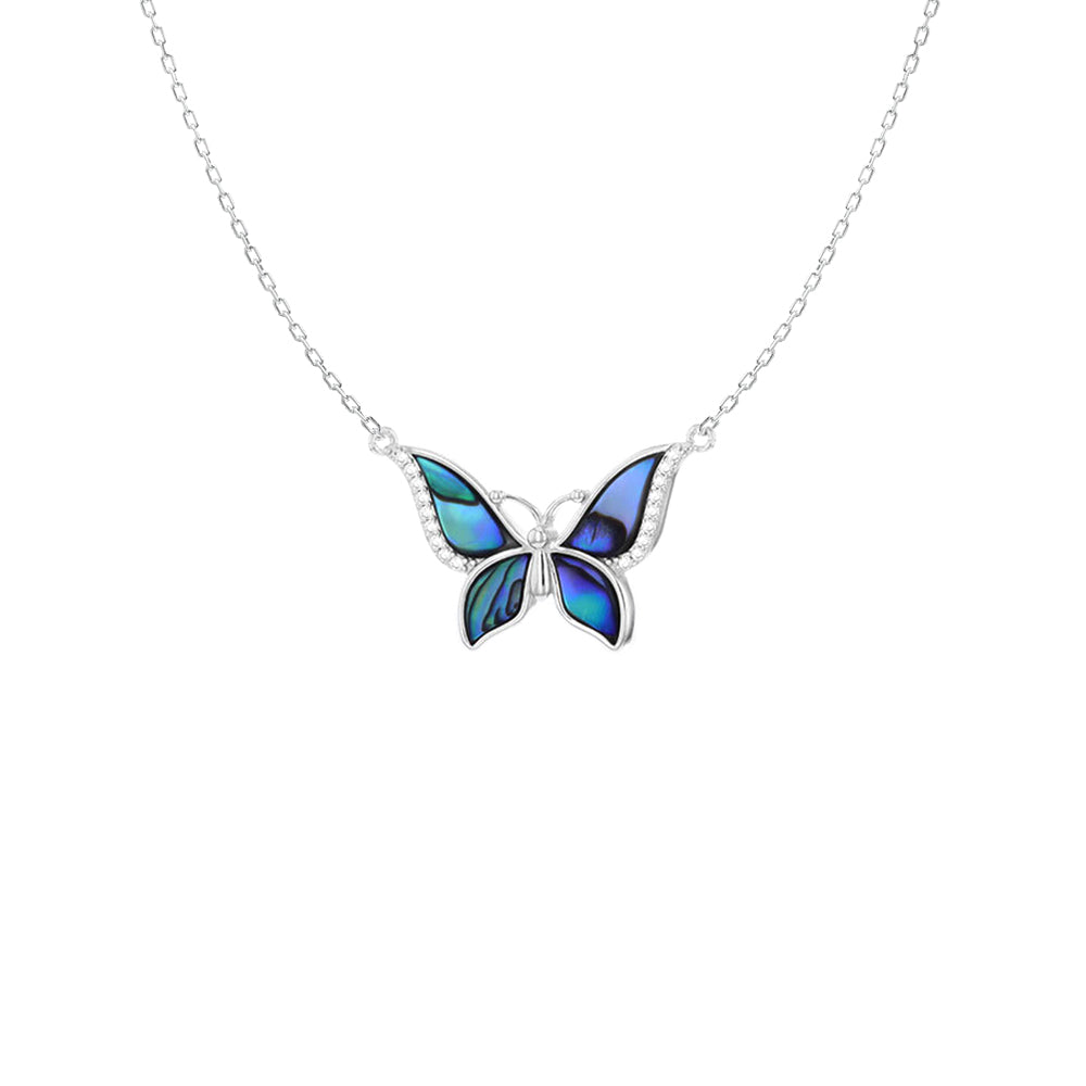 Silver  Pāua Shell CZ Butterfly Charm Adjustable Lavalier Necklace - 8-13-8350
