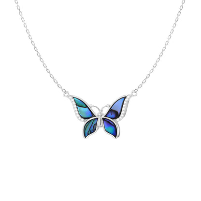 Silver  Pāua Shell CZ Butterfly Charm Adjustable Lavalier Necklace - 8-13-8350