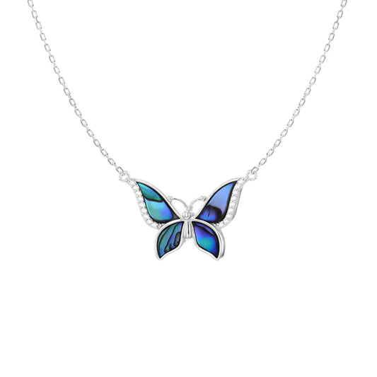 Silver  Pāua Shell CZ Butterfly Charm Adjustable Lavalier Necklace - 8-13-8350