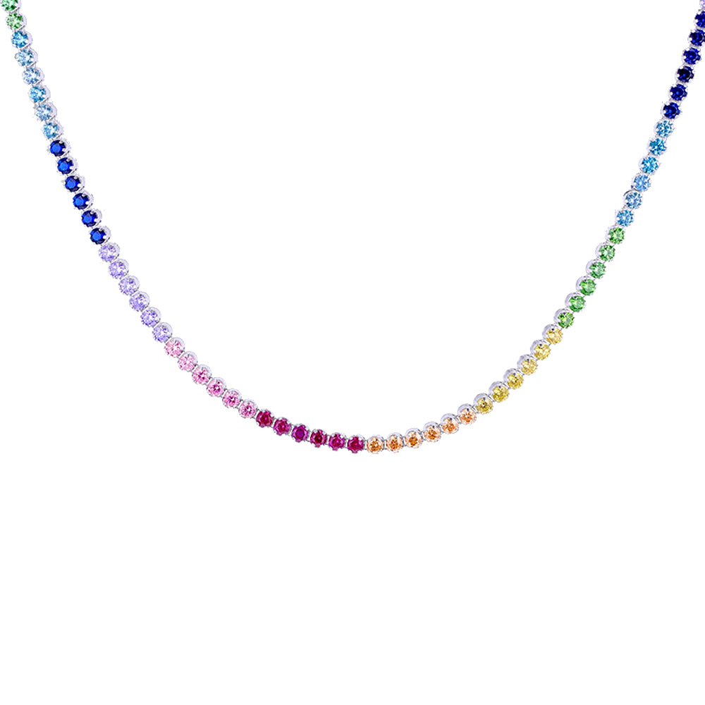 Silver  Multi Colour CZ Rainbow Eternity Tennis Necklace 14-16" - 8-19-0240