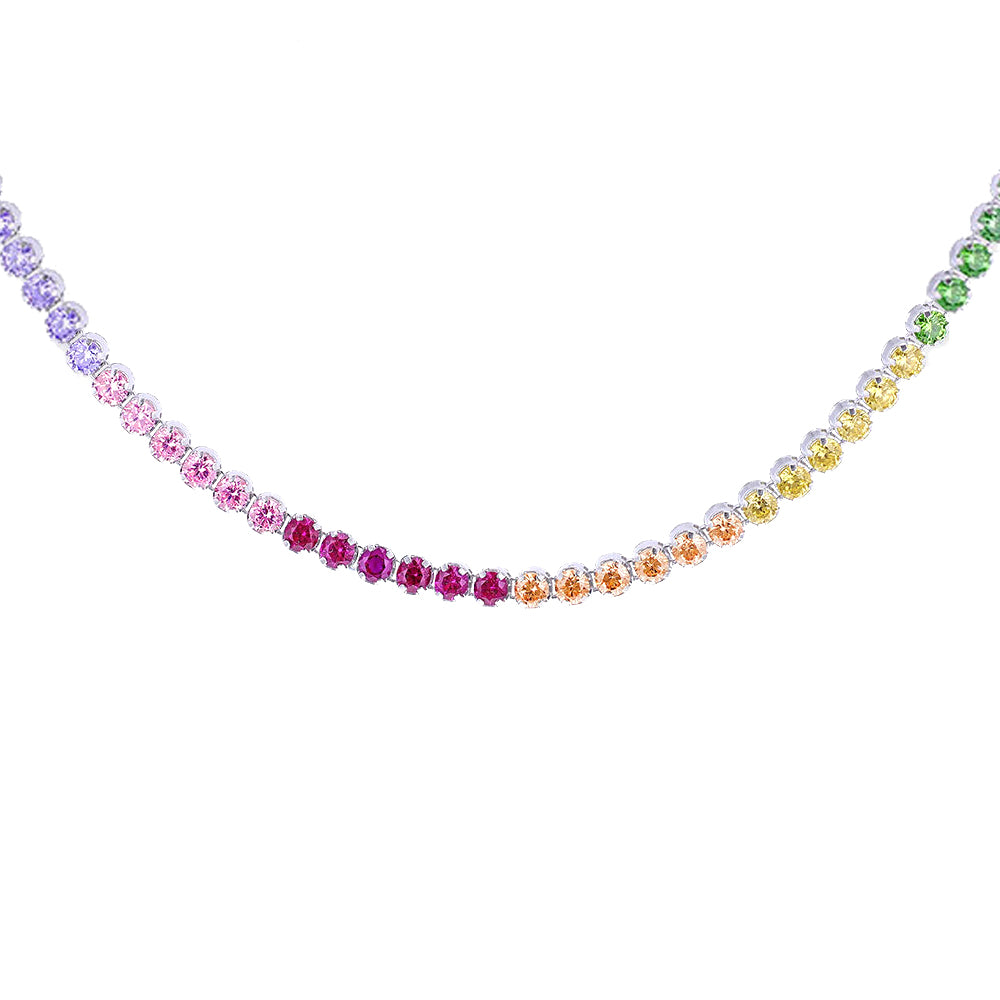 Silver  Multi Colour CZ Rainbow Eternity Tennis Necklace 14-16" - 8-19-0240