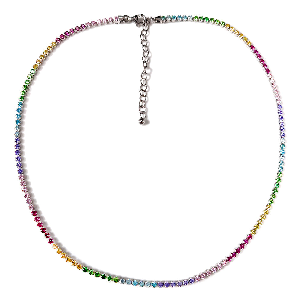 Silver  Multi Colour CZ Rainbow Eternity Tennis Necklace 14-16" - 8-19-0240