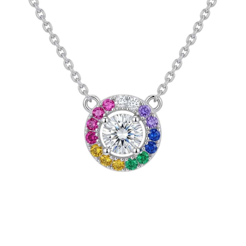 Silver  Rainbow CZ Halo Disc Solitaire Adjustable Charm Necklace - 8-19-0850