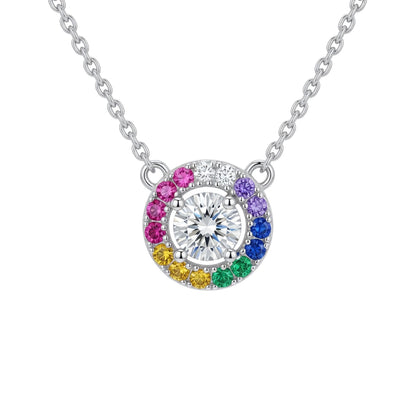 Silver  Rainbow CZ Halo Disc Solitaire Adjustable Charm Necklace - 8-19-0850