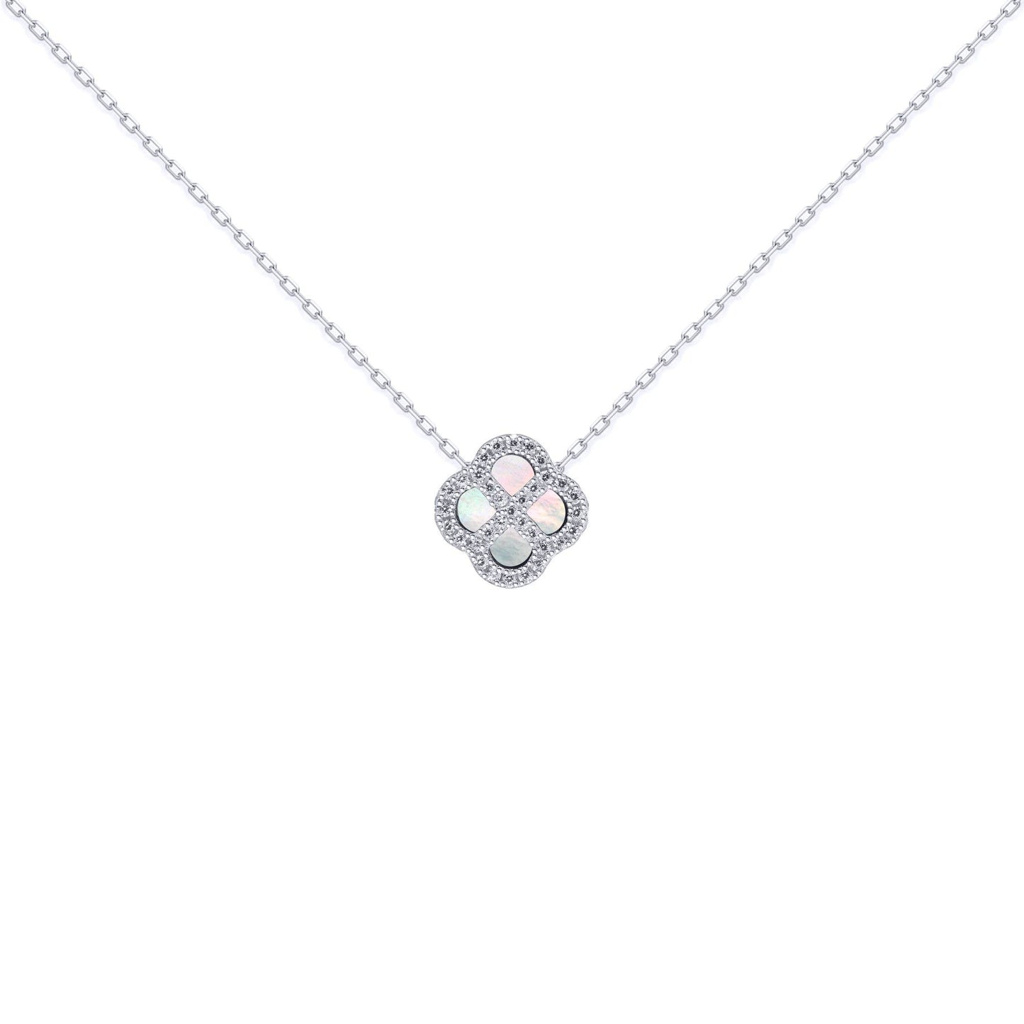 Silver  CZ Mother of Pearl Clover Kiss Charm Necklace 16-18" - 8-19-2670