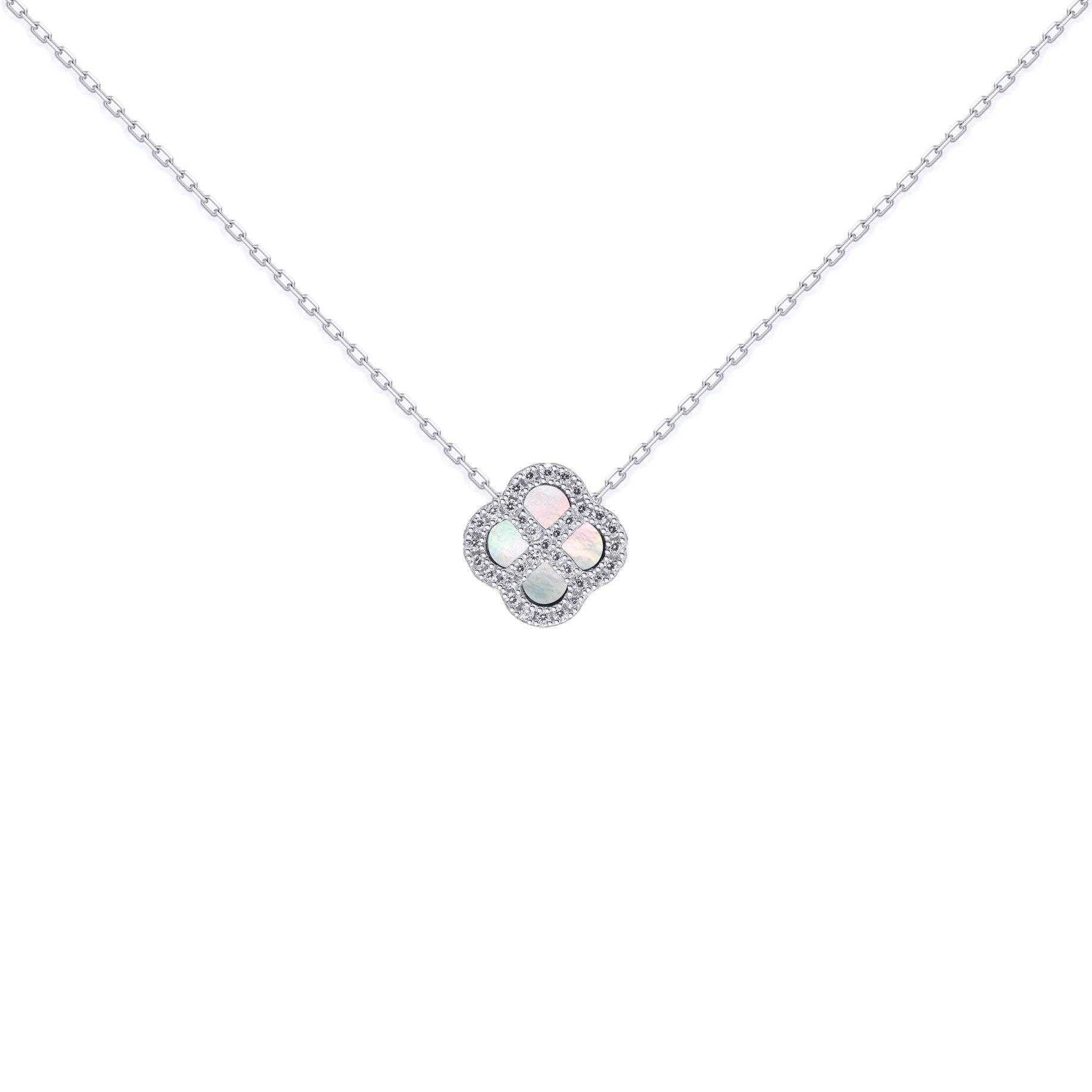 Silver  CZ Mother of Pearl Clover Kiss Charm Necklace 16-18" - 8-19-2670