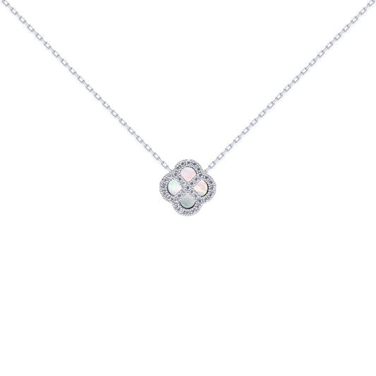 Silver  CZ Mother of Pearl Clover Kiss Charm Necklace 16-18" - 8-19-2670