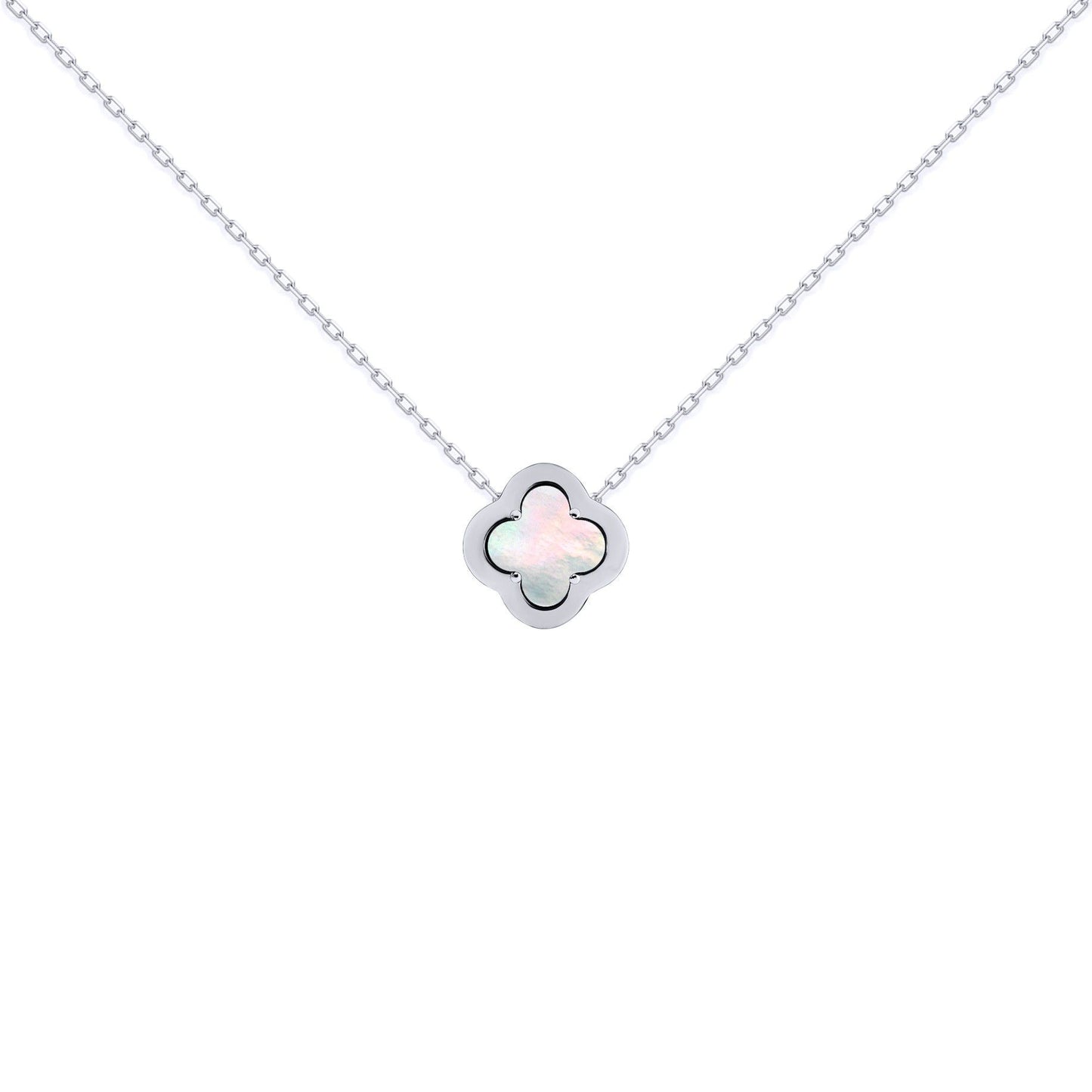 Silver  CZ Mother of Pearl Clover Kiss Charm Necklace 16-18" - 8-19-2670