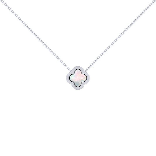 Silver  CZ Mother of Pearl Clover Kiss Charm Necklace 16-18" - 8-19-2670