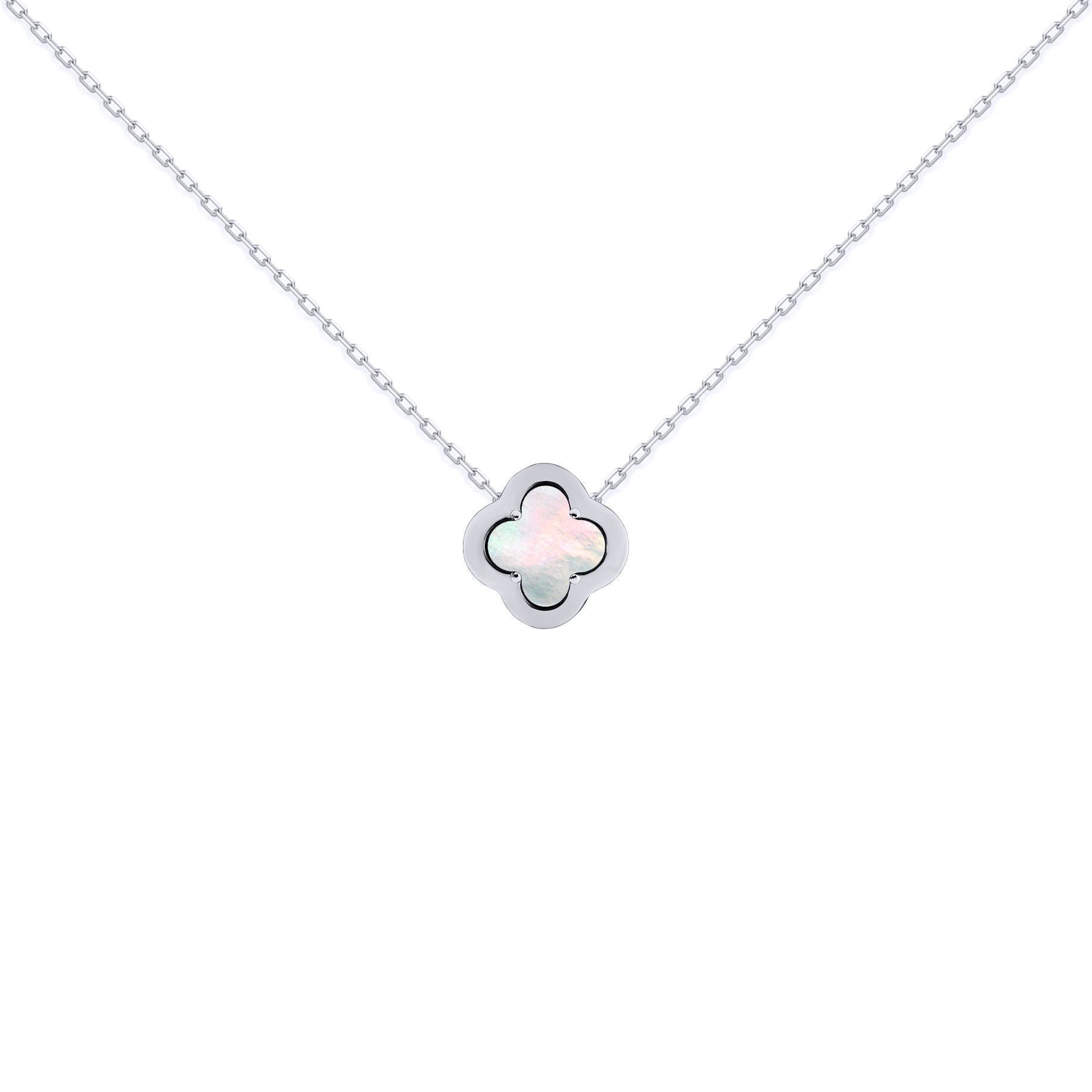 Silver  CZ Mother of Pearl Clover Kiss Charm Necklace 16-18" - 8-19-2670