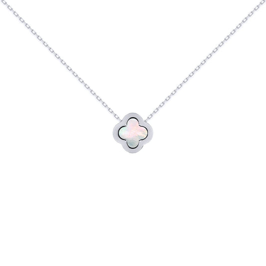 Silver  CZ Mother of Pearl Clover Kiss Charm Necklace 16-18" - 8-19-2670