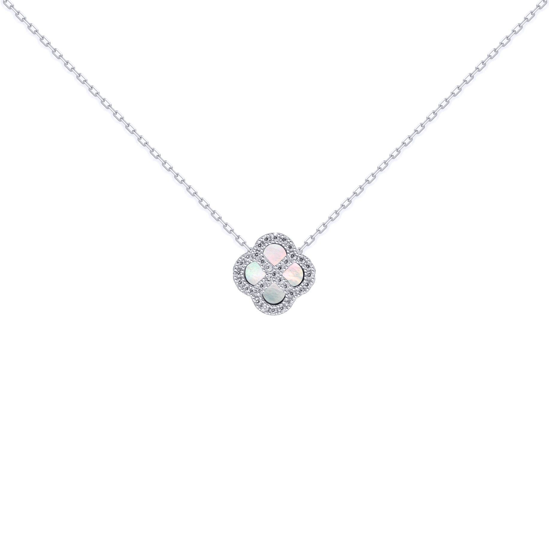 Silver  CZ Mother of Pearl Clover Kiss Charm Necklace 16-18" - 8-19-2670