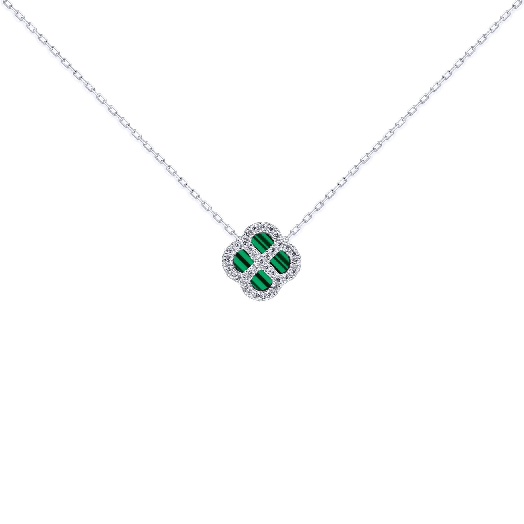Silver  CZ Malachite Clover Kiss Charm Necklace 16-18" - 8-19-2680